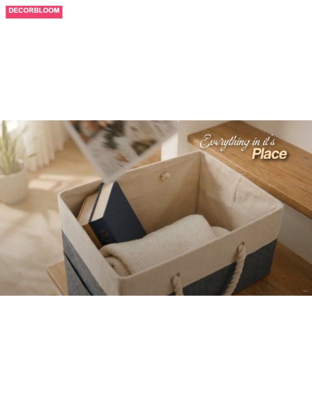 L-Shaped Foldable Stair Basket Organizer Cotton Rope Handles Storage for Wooden - Picture 6 of 6